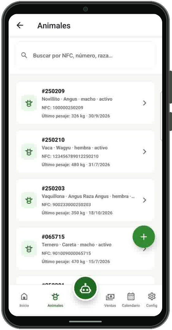 Listado de animales para buscar y consultar una ficha en AgroTag.